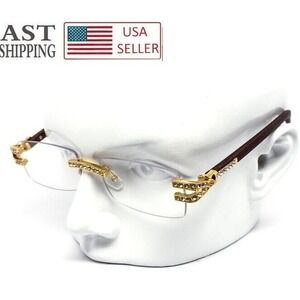Rhinestone Rimless Glasses Gold Clear Wood Arms Men's Classic Retro Street Music
